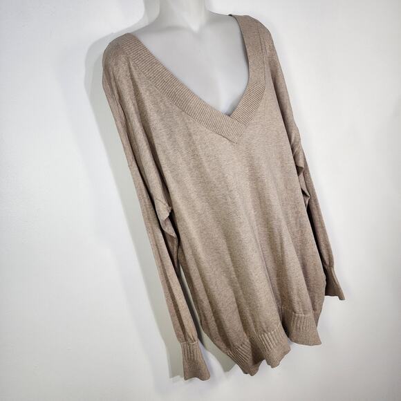 Victoria Secret Tunic Sweater Large Tan Cashmere Blend V Neck Pocket Ribbed Trim - Picture 4 of 12